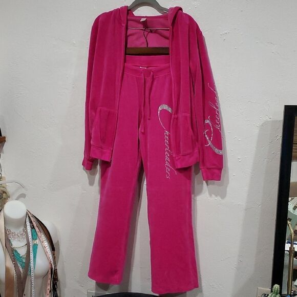 Y2K 2 Piece Hot Pink Stripper Gentleman's Club Employee Velour Tracksuit Size M - Picture 1 of 13